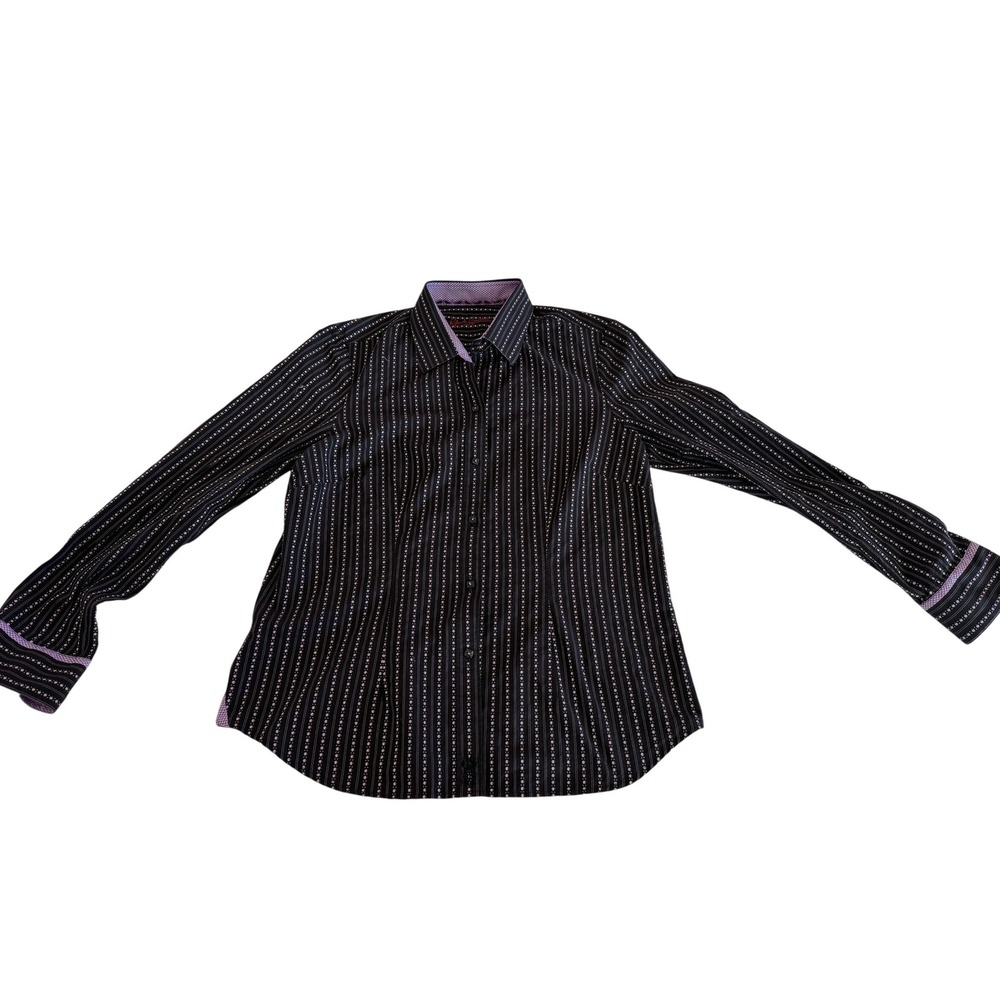 Robert Graham Men's Black Pink Striped Button Down Shirt Skull Cuff Detail